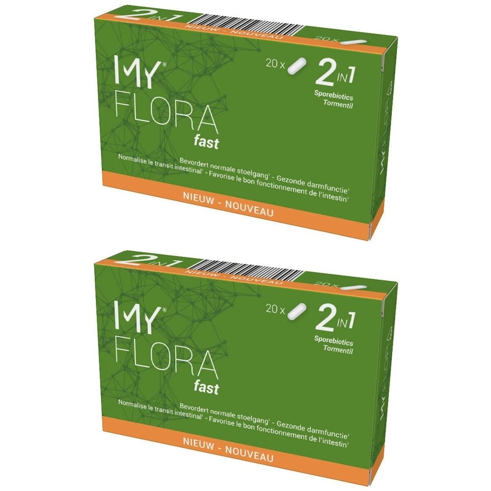 Deux boîtes vertes avec "MY FLORA fast". Chaque boîte affiche "20x" et "2 en 1".