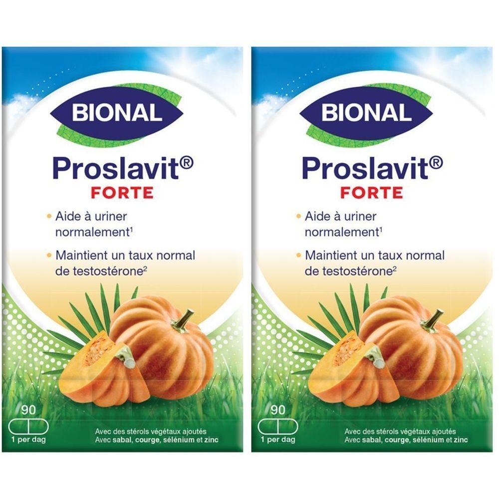 Deux boîtes de Bional Proslavit Forte. Emballage jaune avec nom du produit et informations. Illustration de citrouille.