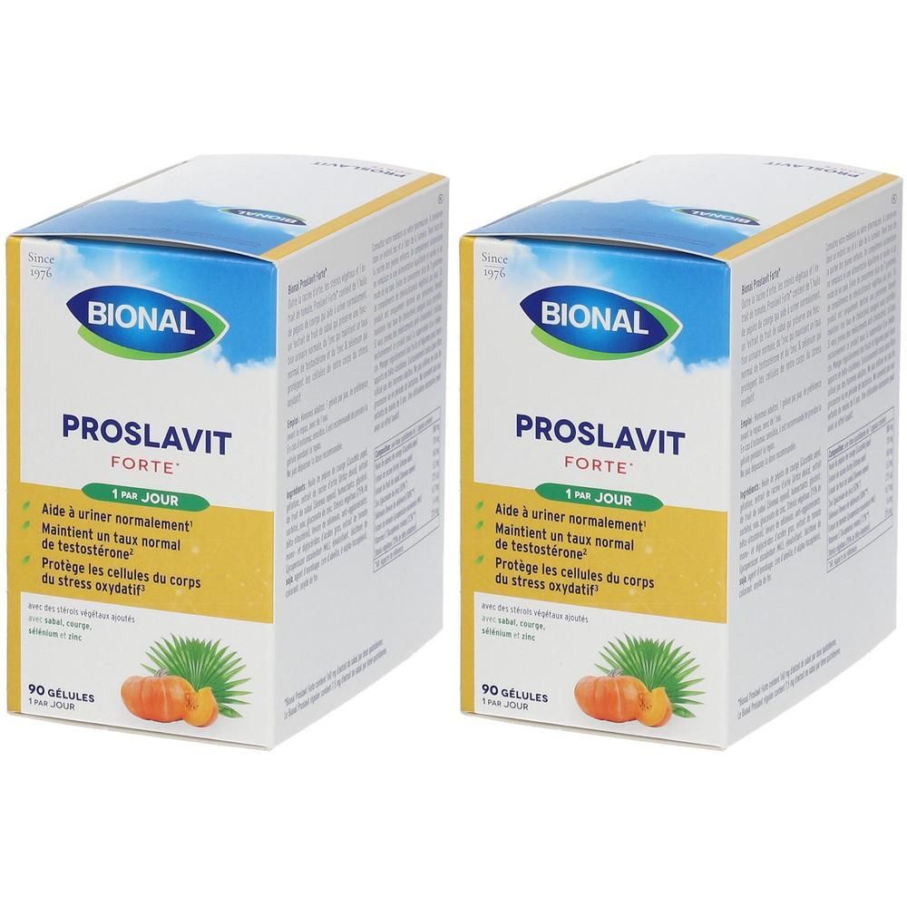 Deux boîtes de Bional Proslavit Forte. Emballage jaune avec nom du produit et informations. Illustration de citrouille.