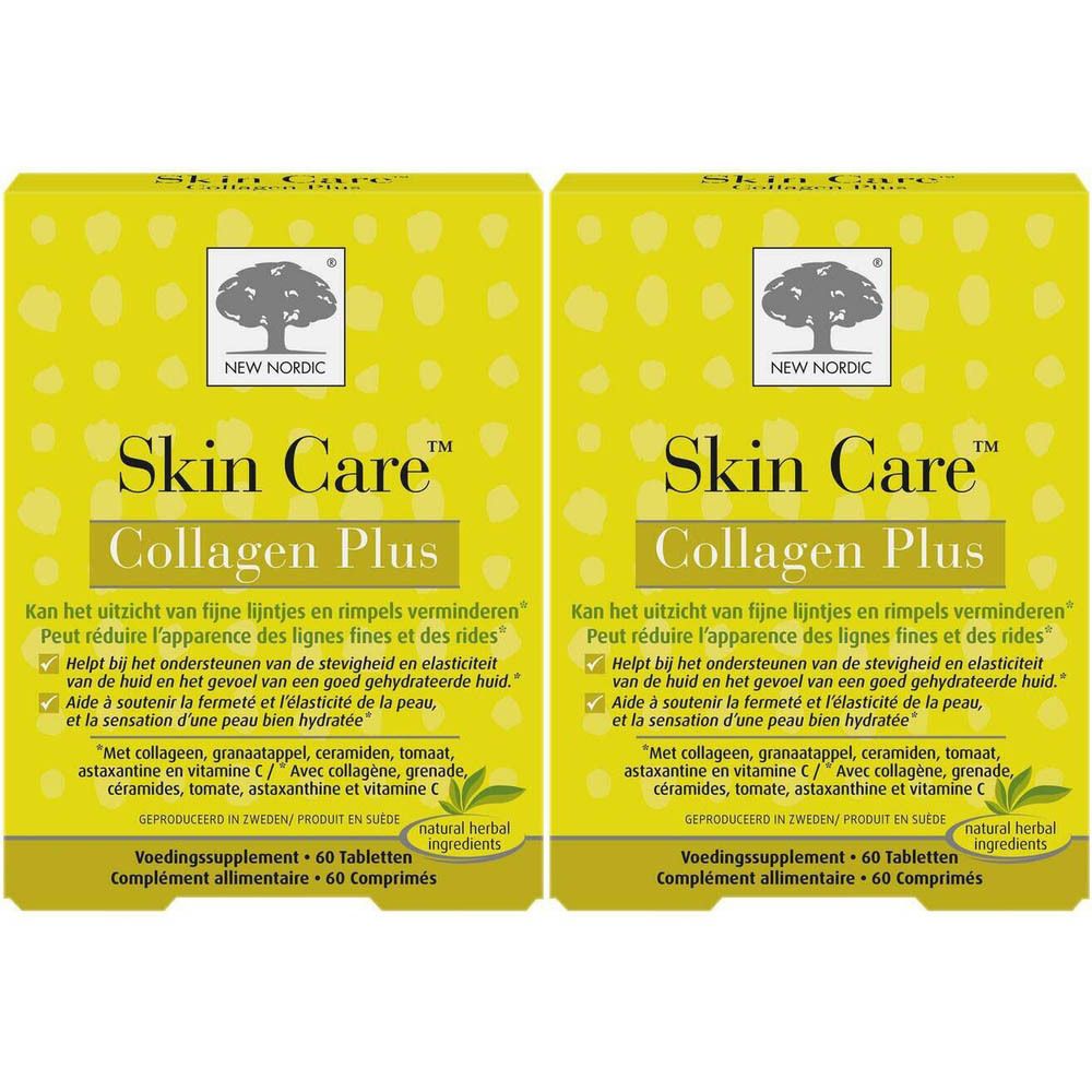 Deux boîtes jaunes avec logo "Skin Care Collagen Plus". Texte en allemand, français et néerlandais. Contient 60 comprimés.