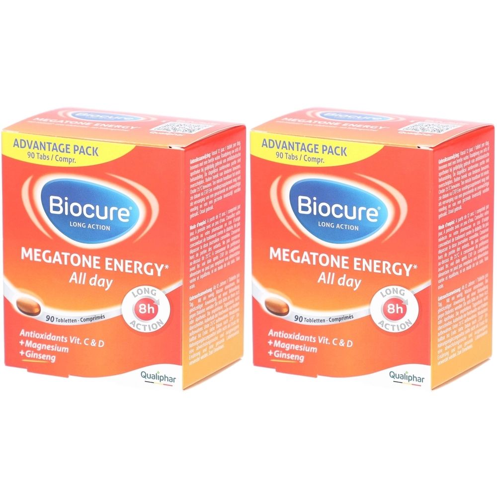 Deux boîtes orange identiques. Inscription: Biocure Megatone Energy All day, 8h Action. Contient antioxydants, vitamines C & D, magnésium et ginseng. Pack avantage.