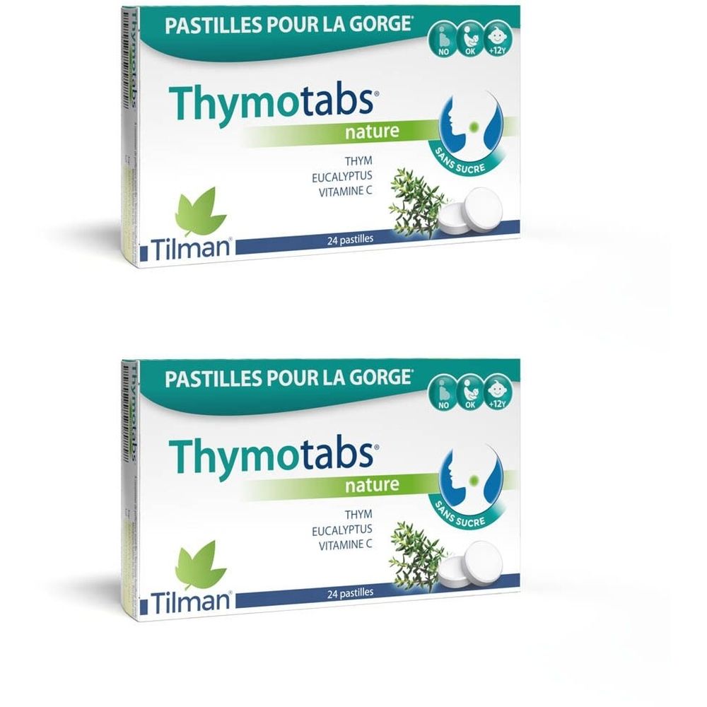 Deux boîtes de Thymotabs nature. Inscription: 24 pastilles, thym, eucalyptus, vitamine C, sans sucre. Marque Tilman.