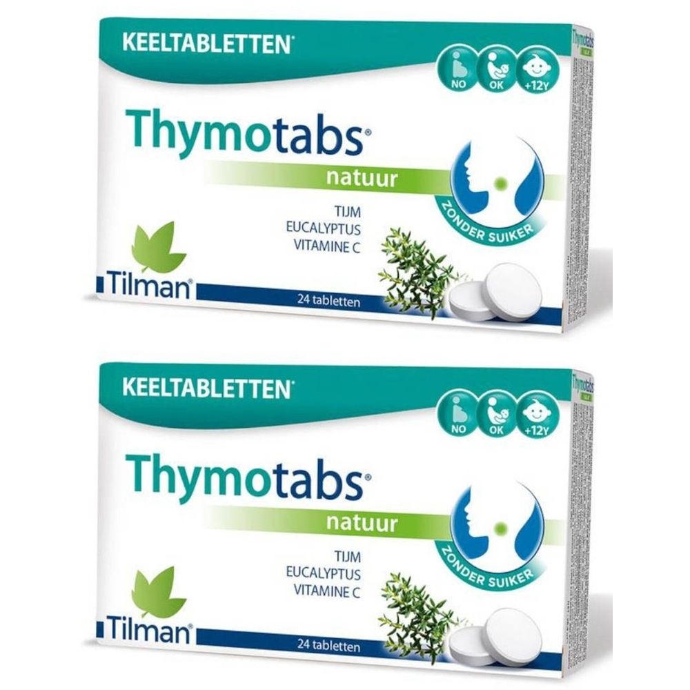 Deux boîtes de Thymotabs nature. Inscription: 24 comprimés, thym, eucalyptus, vitamine C, sans sucre. Marque Tilman.