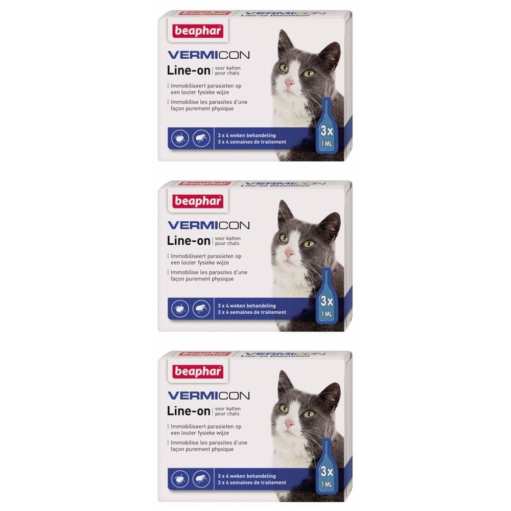 Trois boîtes de beaphar VERMICON Line-on pour chats. Chaque boîte présente un chat et une bouteille bleue avec 3x 1 ml.