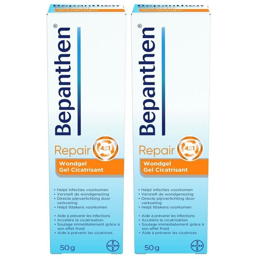 Deux tubes de Bepanthen® Repair Wondgel. Tubes bleus et blancs avec bande orange. Texte: Bepanthen®, 50g, Wondgel Cicatrisant.