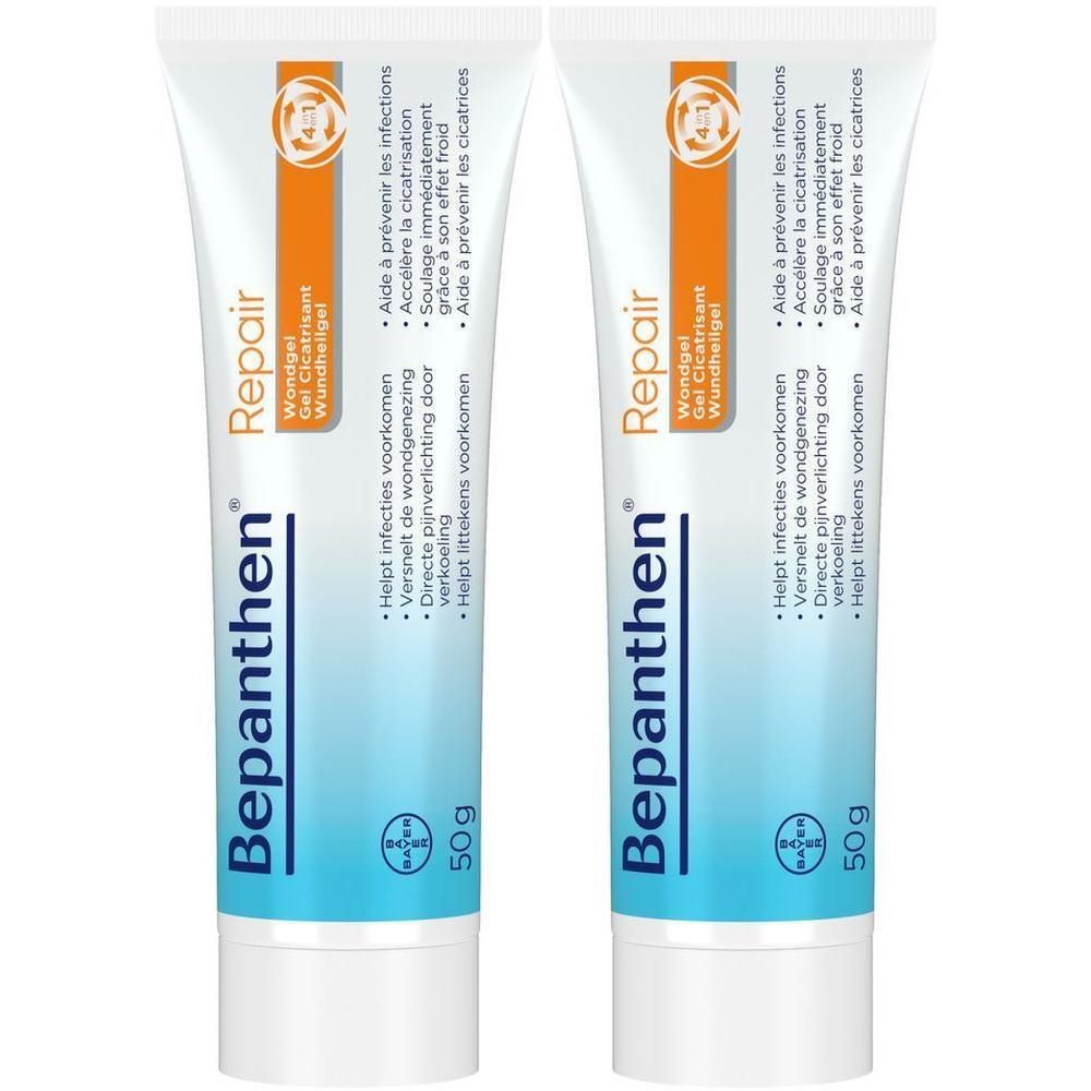 Deux tubes de Bepanthen® Repair Wondgel. Tubes bleus et blancs avec bande orange. Texte: Bepanthen®, 50g, Wondgel Cicatrisant.