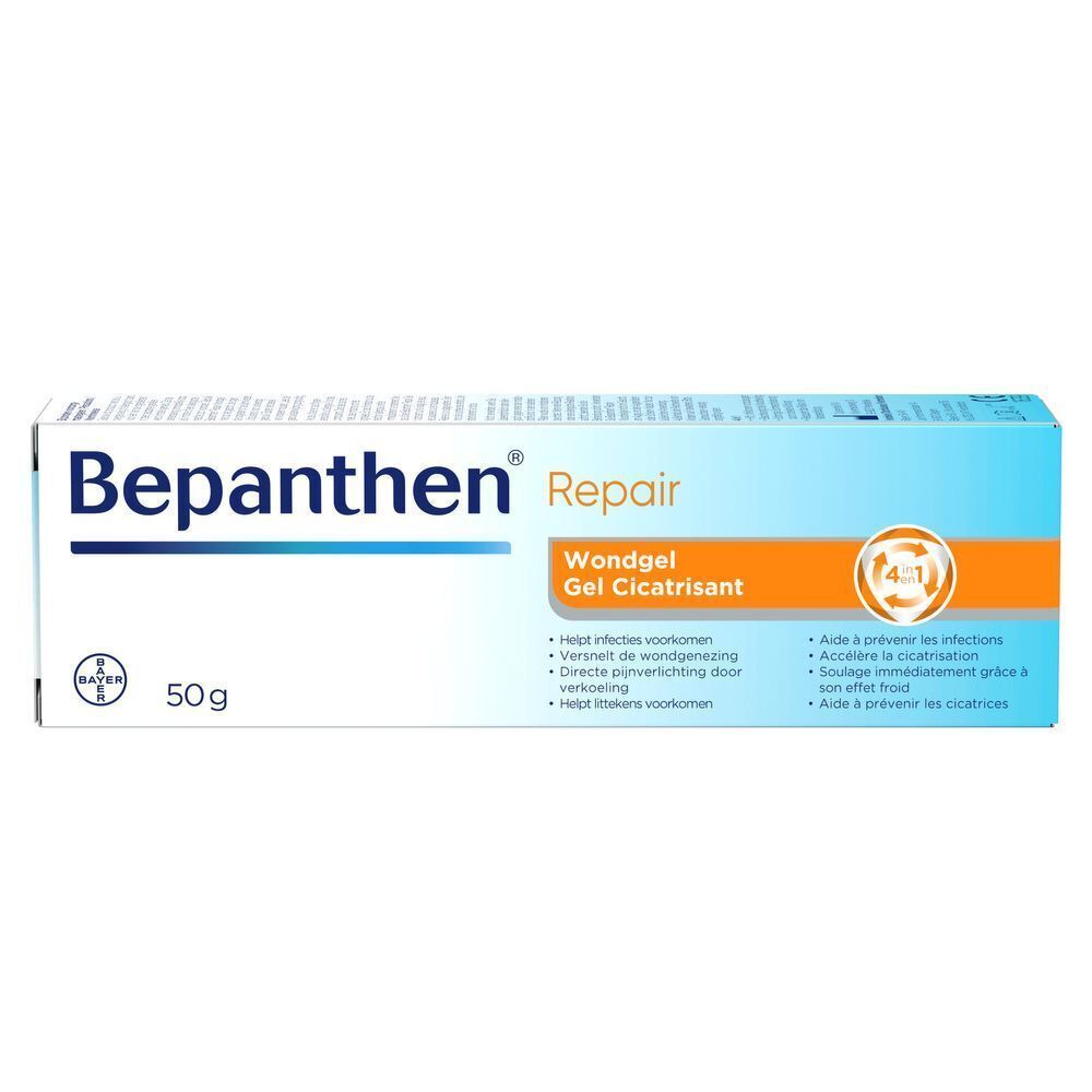 Emballage de Bepanthen® Repair Wondgel. Boîte bleue avec bande orange. Texte: Bepanthen®, 50g, Wondgel Cicatrisant.