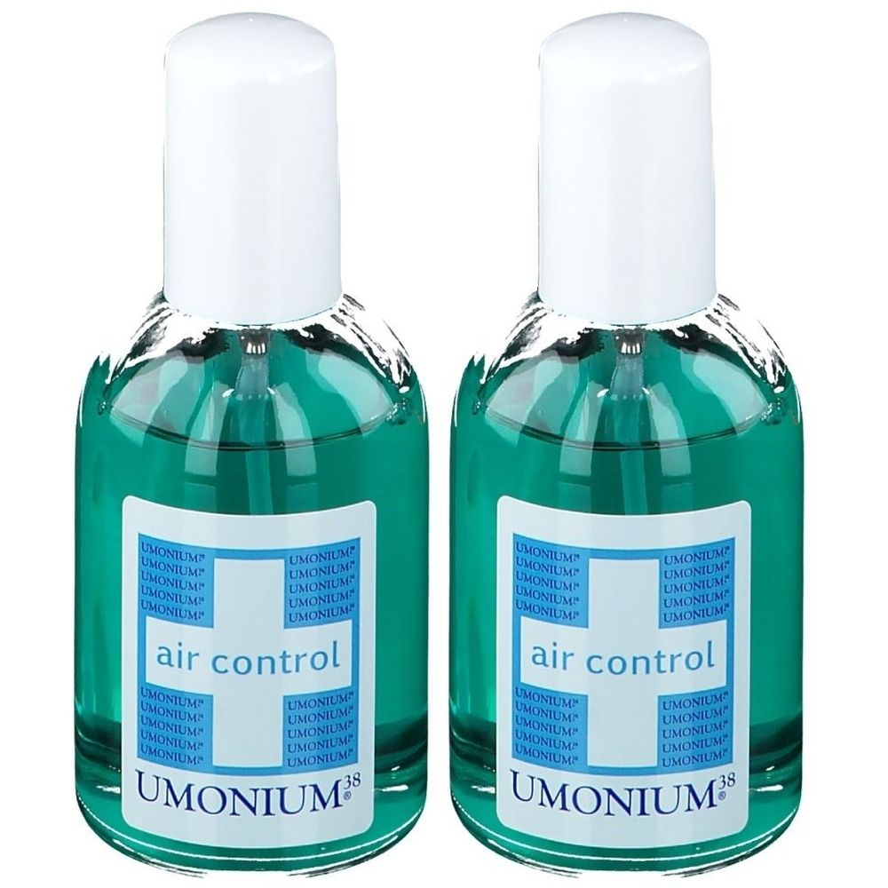 Deux flacons de liquide verdâtre. Étiquettes blanches avec "air control" et "UMONIUM38®". Têtes de pulvérisation blanches.