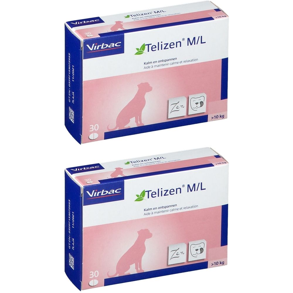 Deux boîtes de Telizen M/L pour chiens. Emballage rose et blanc avec logo, nom du produit et silhouette de chien. 30 comprimés.
