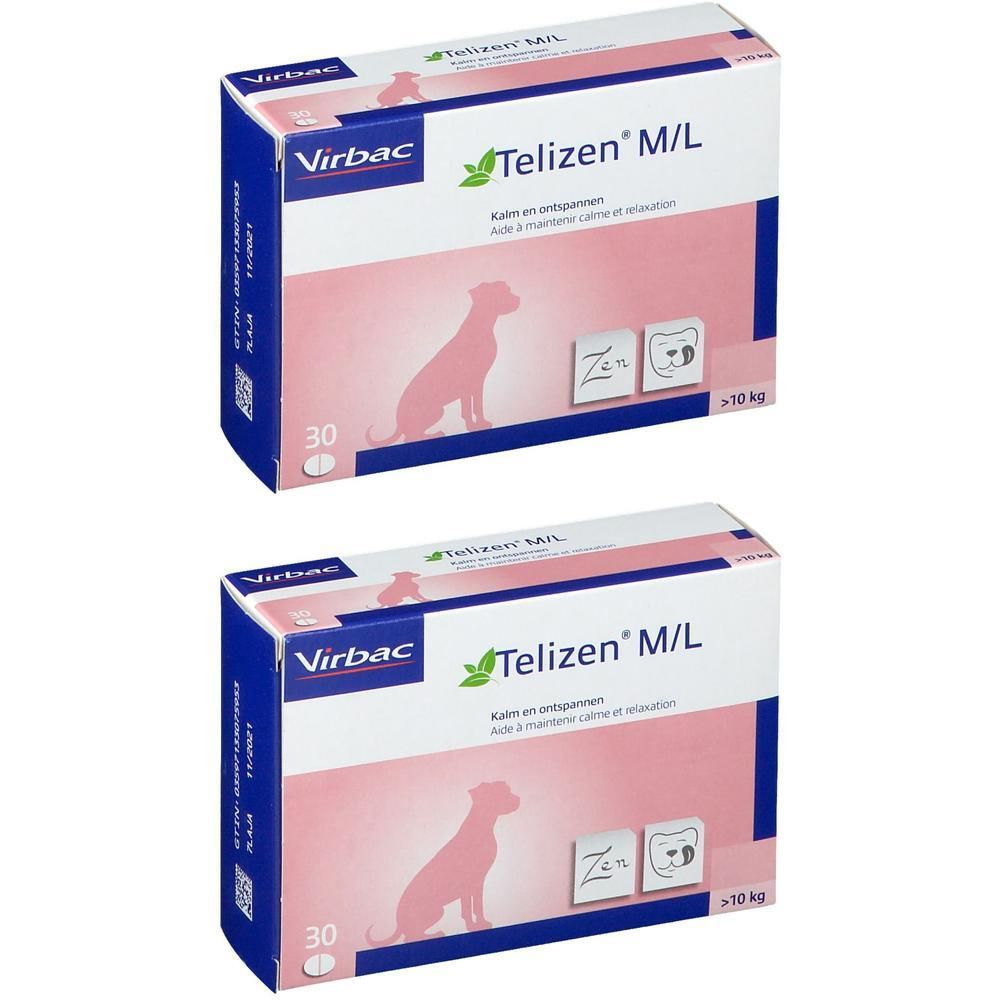 Deux boîtes de Telizen M/L pour chiens. Emballage rose et blanc avec logo, nom du produit et silhouette de chien. 30 comprimés.