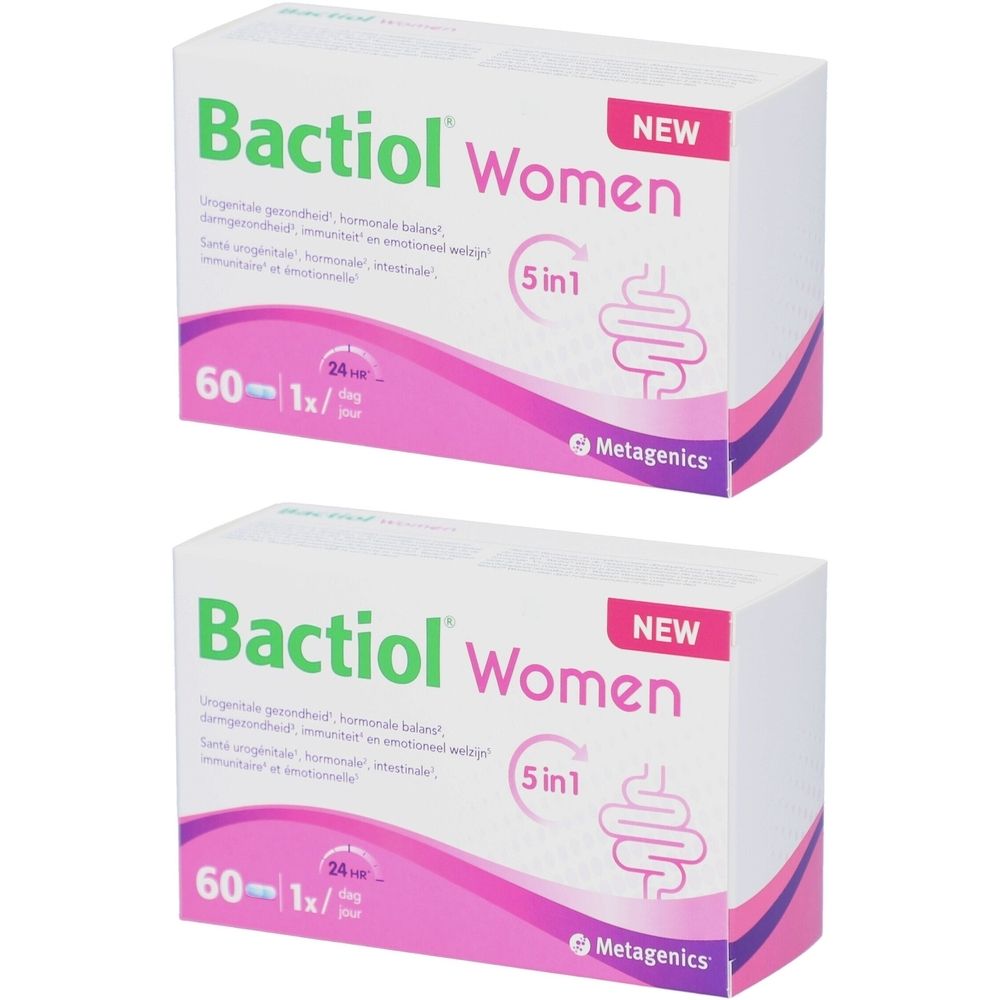 Deux boîtes de Bactiol Women. Boîtes blanches avec accents roses et nom du produit. Logo 5 en 1 et 60 comprimés.