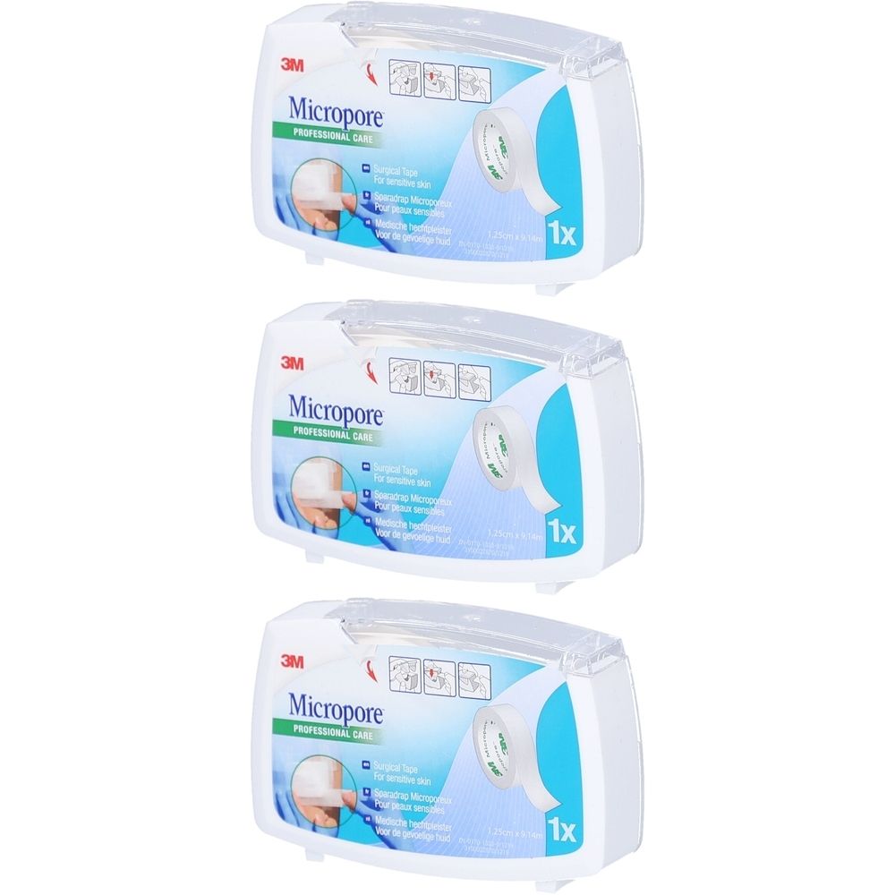 Trois boîtes de 3M Micropore, blanc avec accent bleu. Visible : nom du produit, exemples d'utilisation, 1x.