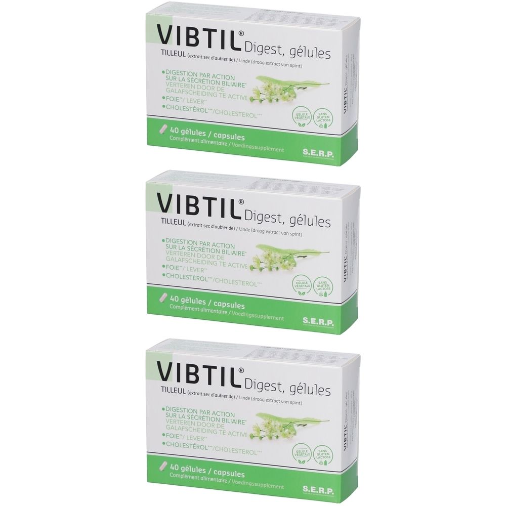 Trois boîtes de VIBTIL Digest, avec nom et informations. Emballage blanc avec détails verts. 40 gélules.
