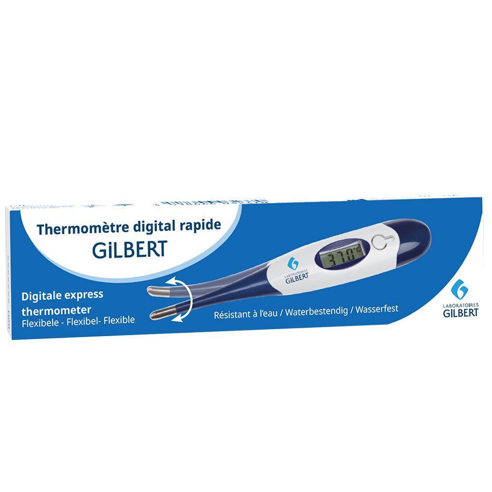 Emballage avec thermomètre numérique. Texte: "Thermomètre digital rapide GILBERT". Logo "Laboratoires Gilbert" visible.