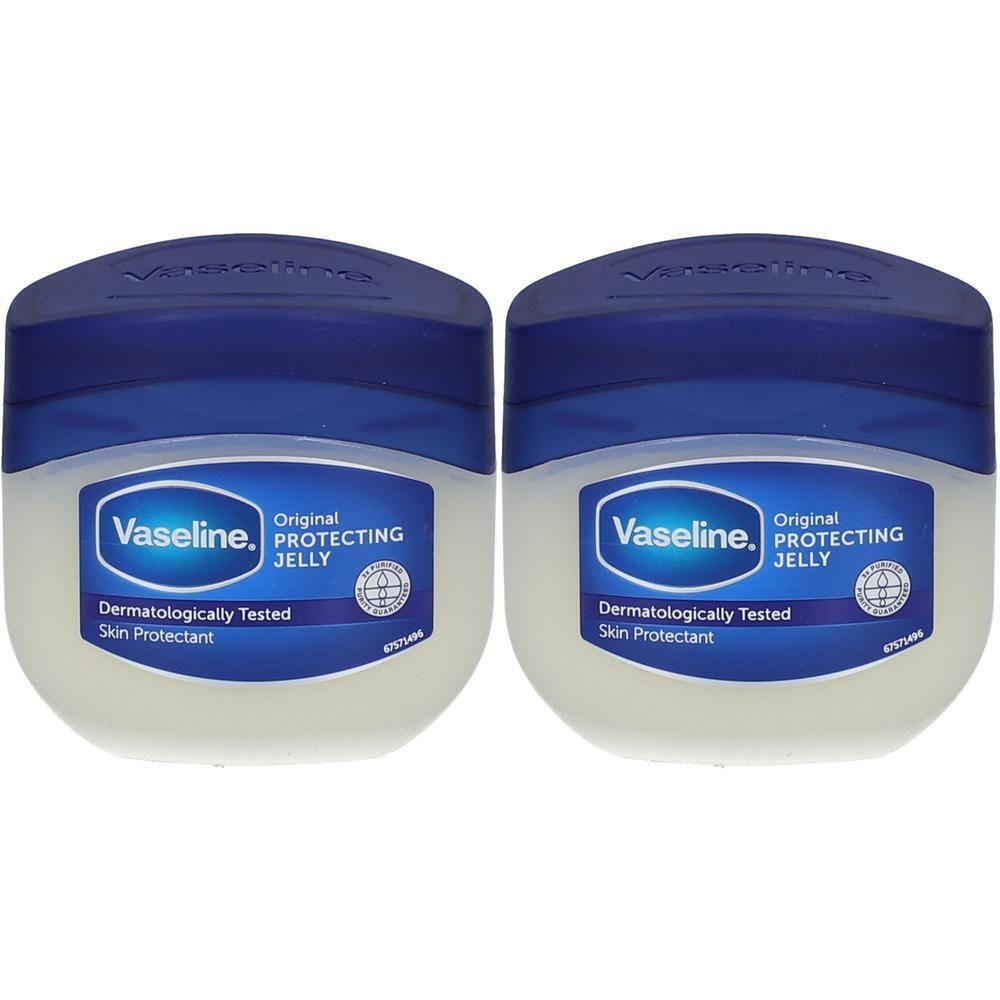 Deux pots de Vaseline Original Protecting Jelly. Récipients blancs avec couvercles bleus. Inscription: Vaseline, Protecting Jelly.