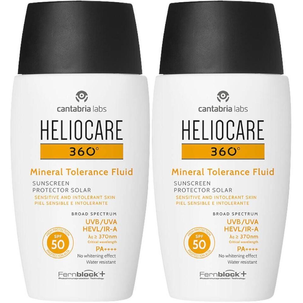 Deux flacons de Heliocare 360° Mineral Tolerance Fluid SPF 50. Flacons blancs, bouchons noirs, étiquettes jaunes.