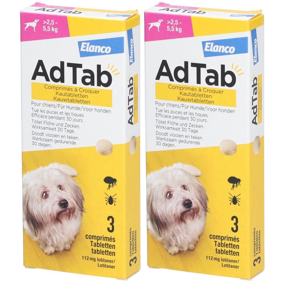 Deux boîtes de comprimés AdTab pour chiens. Emballage jaune et blanc avec nom du produit, chien et symboles d'insectes.