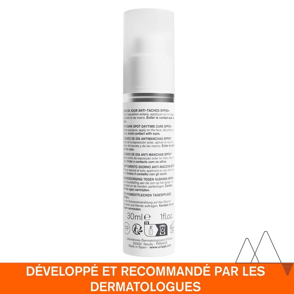 Graphique avec texte: 87% d'intensité des taches sombres réduite. Teint uniforme. Flacon de produit en arrière-plan.