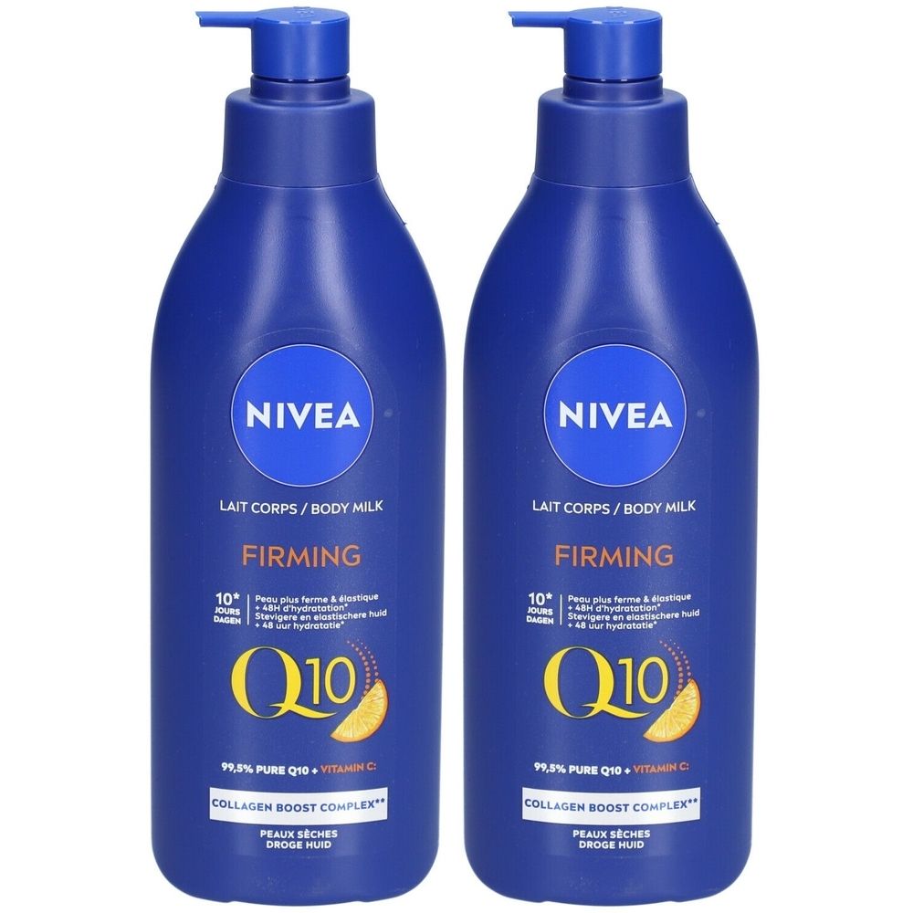 Deux flacons bleus Nivea Lait Corps/Body Milk Firming Q10. Avec pompe. Inscription: Q10, Collagen Boost Complex.