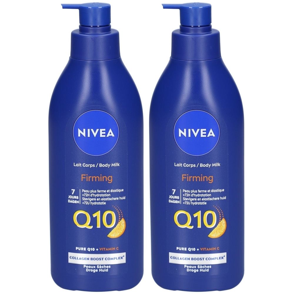 Deux flacons bleus Nivea Lait Corps/Body Milk Firming Q10. Avec pompe. Inscription: Q10, Collagen Boost Complex.