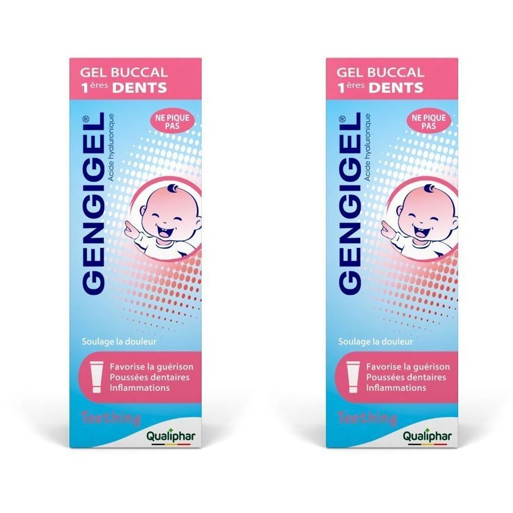 Emballage de Gengigel® Gel buccal. Fond rose, illustration de bébé. Texte: 1ères dents, Ne pique pas, soulage la douleur.
