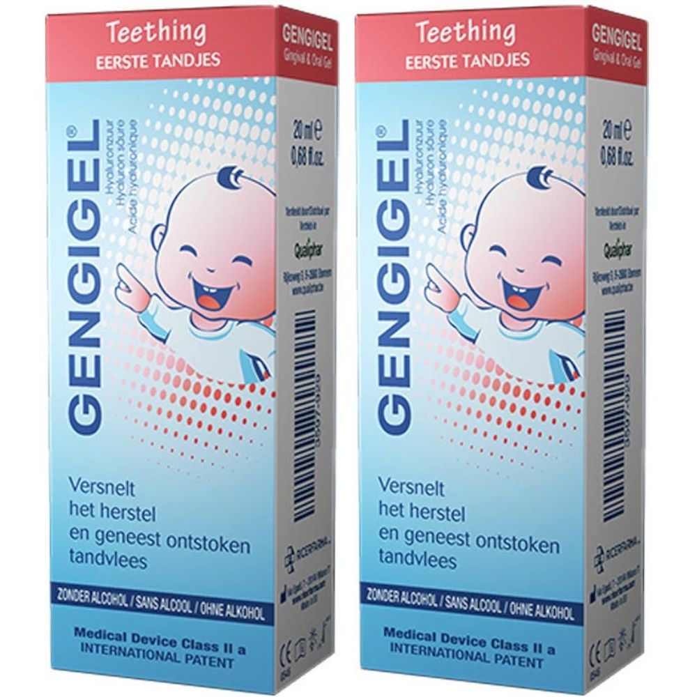 Emballage de Gengigel® Teething Gel. Fond bleu, illustration de bébé. Texte: Premières dents, 20 ml, sans alcool.