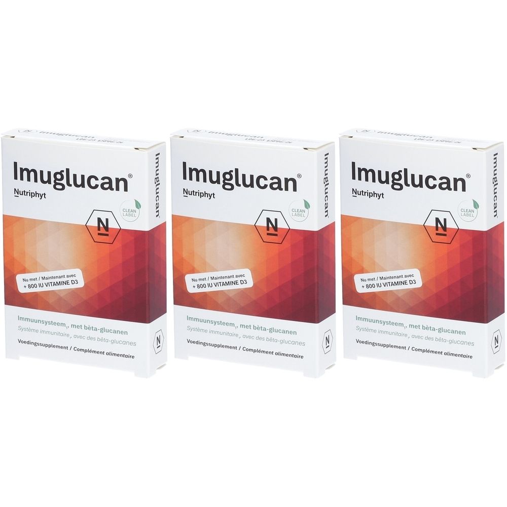 Trois boîtes de Nutriphyt Imuglucan. Emballage blanc avec logo et texte. Fond rouge et orange. Contient de la vitamine D3.