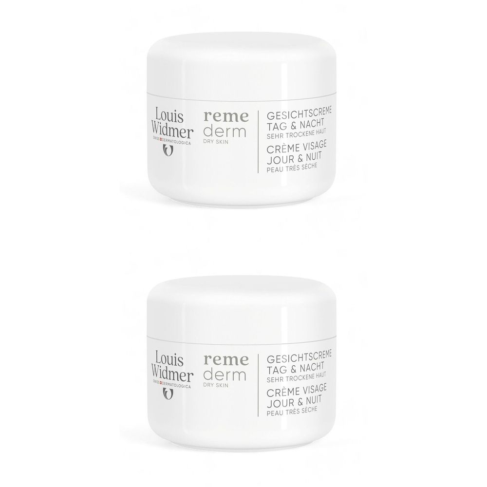 Deux pots de crème blancs avec couvercles. Inscription: Louis Widmer, Remederm Dry Skin. Crème visage jour & nuit.