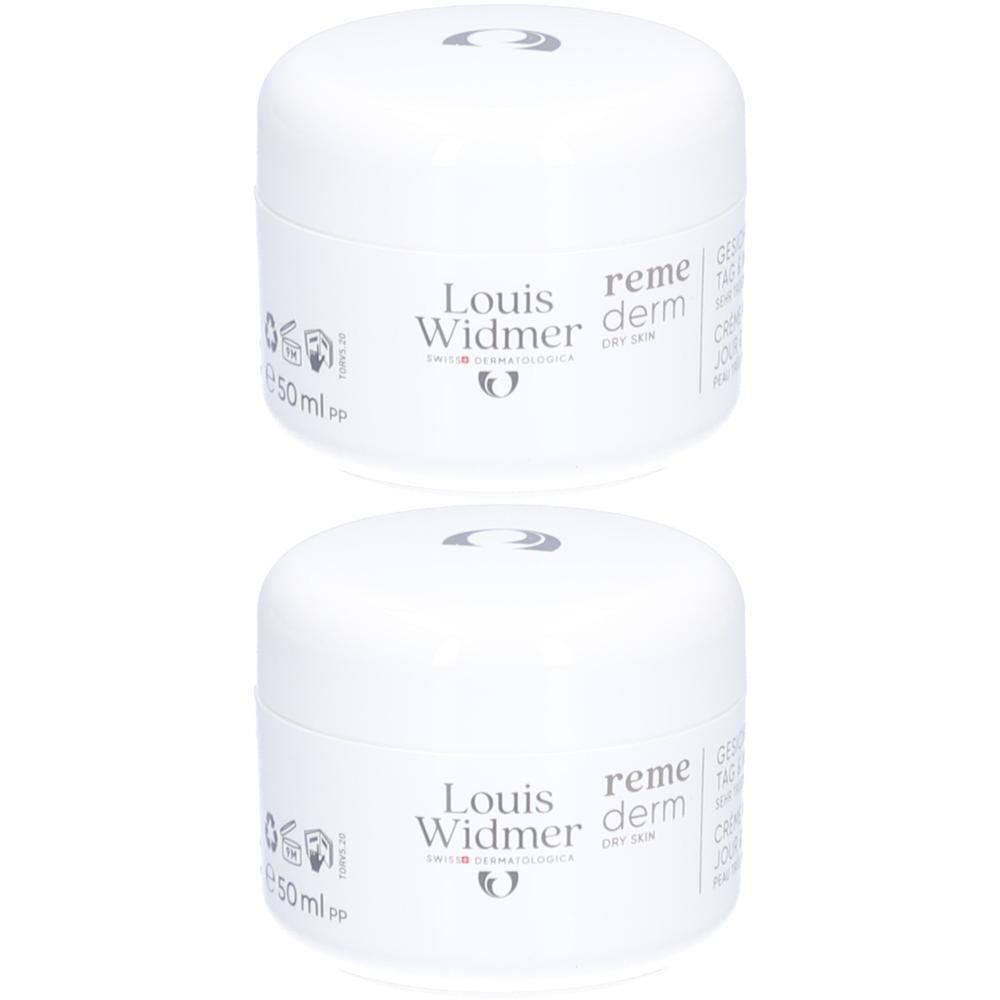 Deux pots de crème blancs avec couvercles. Inscription: Louis Widmer, Remederm Dry Skin. 50 ml.