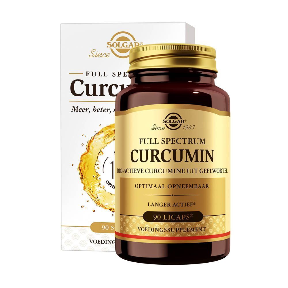Un flacon de Solgar Full Spectrum Curcumin et une boîte. Flacon en verre brun avec couvercle doré. Inscription : 90 Licaps, complément alimentaire.