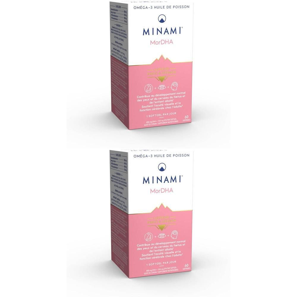 Deux boîtes de MorDHA. Emballage rose et blanc. Texte: MINAMI MorDHA. En haut: Oméga-3 huile de poisson.