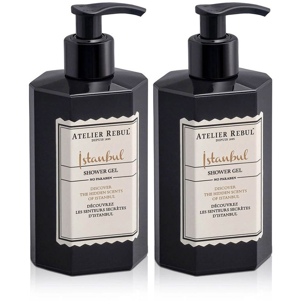 Deux flacons noirs avec pompe. Étiquette "Atelier Rebul Istanbul Shower Gel" et "No Paraben".