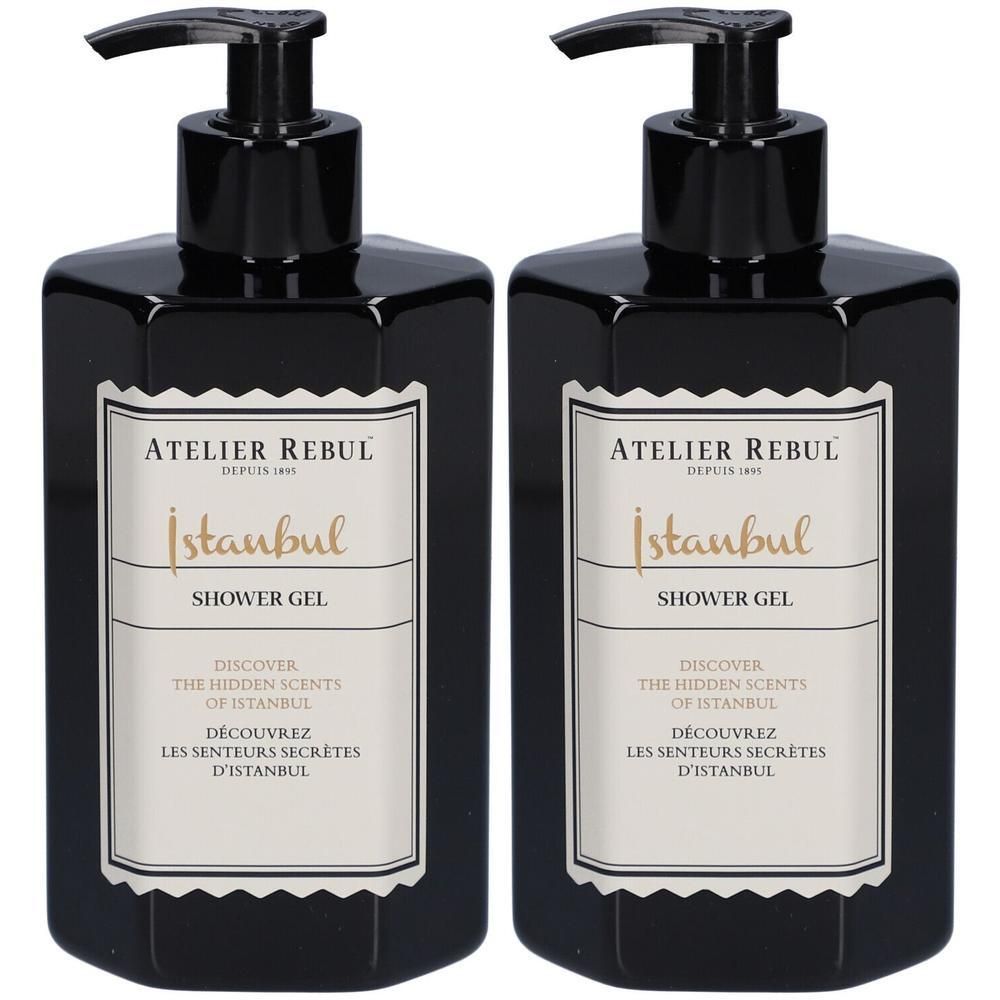 Deux flacons noirs avec pompe. Étiquette "Atelier Rebul Istanbul Shower Gel".