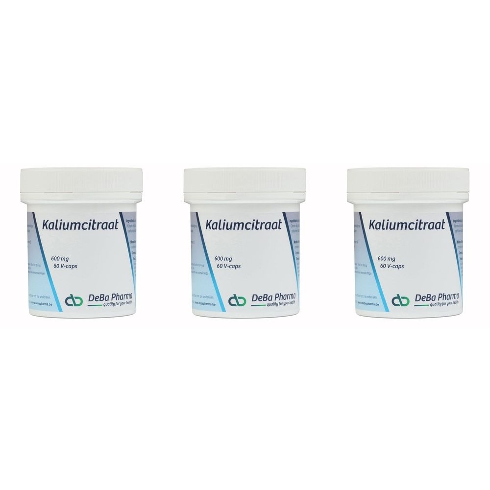 Trois flacons blancs avec étiquette bleu et blanc. Inscription: Kaliumcitraat 600 mg, 60 V-caps. Logo DeBa Pharma.