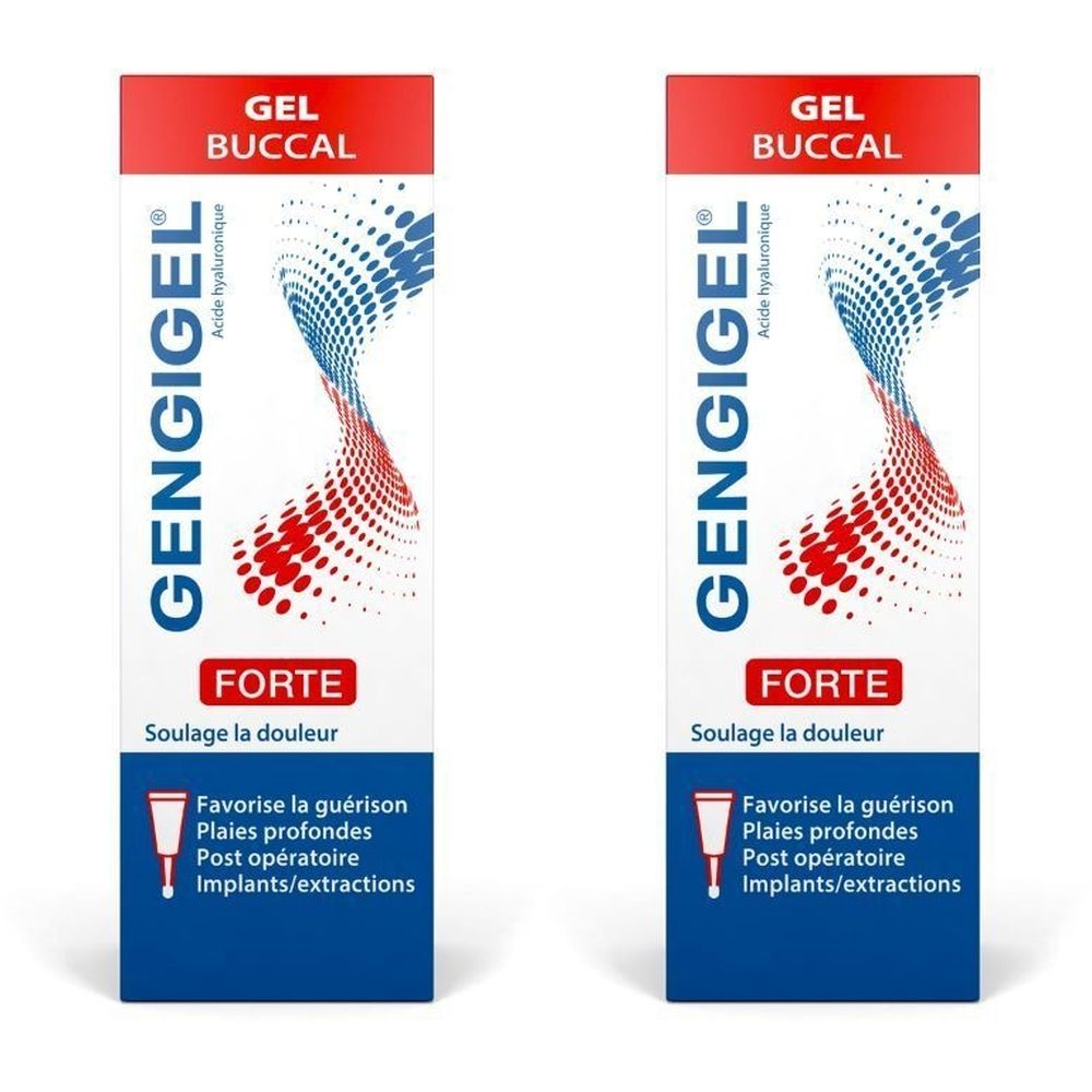 Deux boîtes de GENGIGEL® Forte gel buccal. Éléments graphiques rouges et bleus. Texte: Gel Buccal, Forte, Acide hyaluronique. Favorise la guérison.