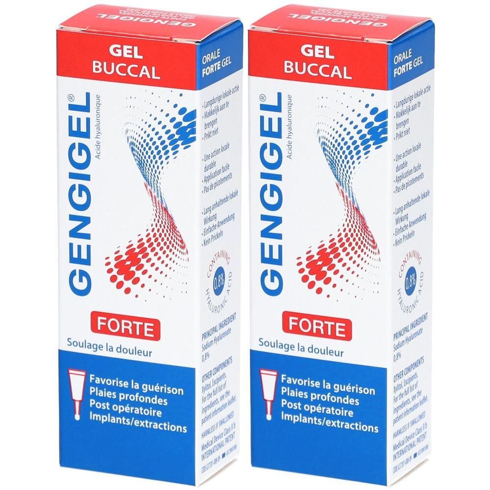 Deux boîtes de GENGIGEL® Forte gel buccal. Éléments graphiques rouges et bleus. Texte: Gel Buccal, Forte, Acide hyaluronique. Favorise la guérison.