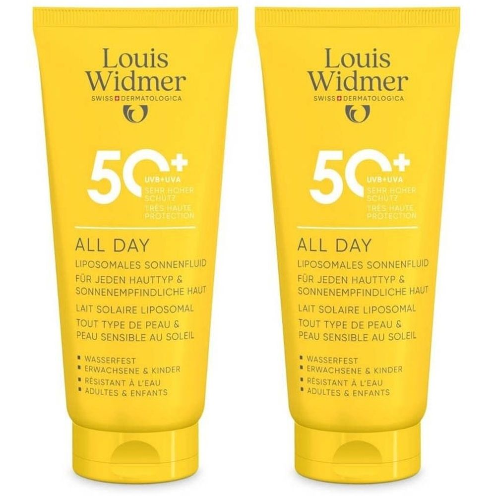 Deux tubes jaunes Louis Widmer All Day 50+. Inscription: 50+, protection UV, All Day, fluide solaire liposomale. Résistant à l'eau.