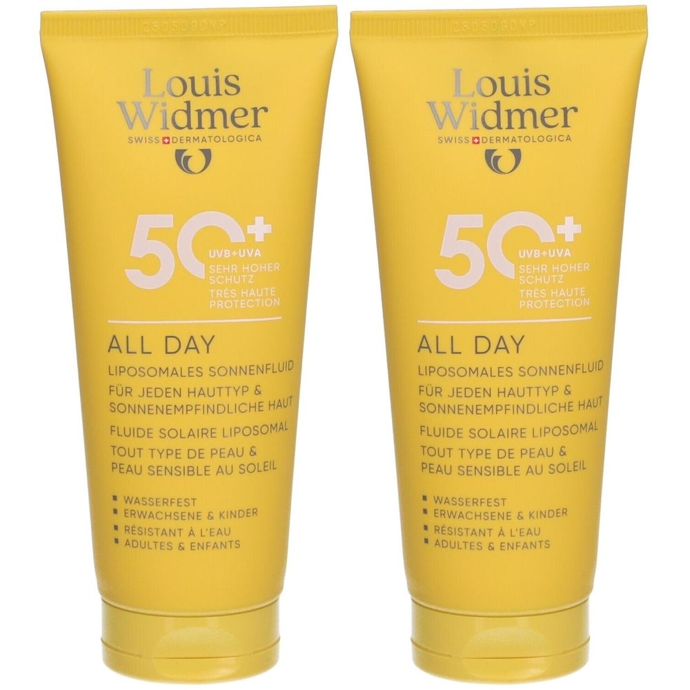 Deux tubes jaunes Louis Widmer All Day 50+. Inscription: 50+, protection UV, All Day, fluide solaire liposomale. Résistant à l'eau.