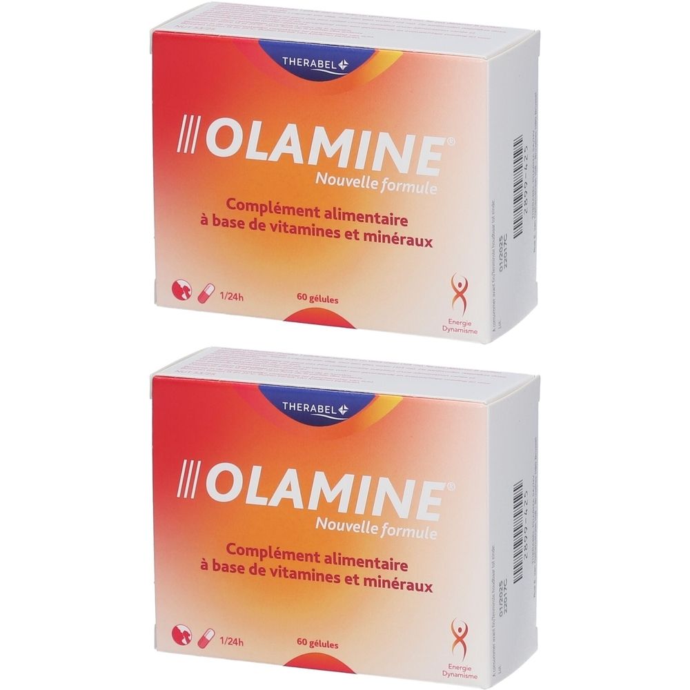 Deux boîtes Olamine. Emballage blanc avec dégradé rouge et jaune. Texte : Olamine, Nouvelle formule, 60 gélules.
