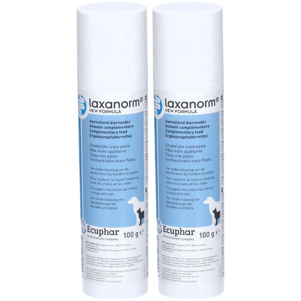 Deux flacons blancs avec texte bleu. Texte: Laxanorm, aliment complémentaire pour chiens et chats. 100 g.