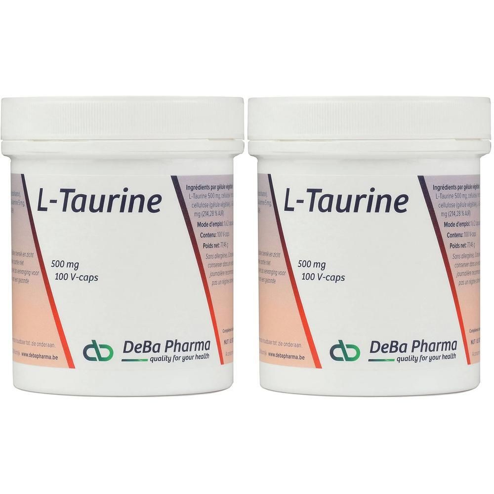 Deux pots blancs avec "L-Taurine". En dessous, "500 mg 100 V-caps" et le logo DeBa Pharma. Ingrédients et informations.