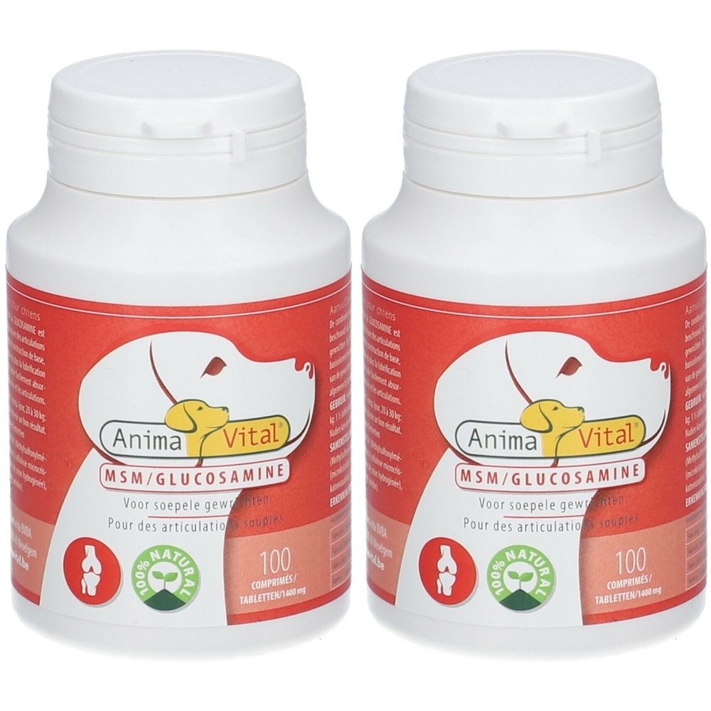 Deux flacons blancs avec étiquette rouge. Inscription: Anima Vital MSM/Glucosamine. 100 comprimés. Image d'un chien.