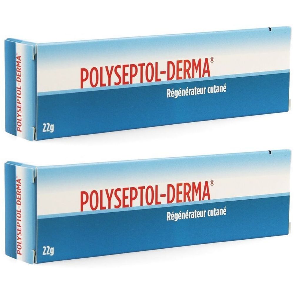 Deux boîtes de Polyseptol-Derma. Boîtes bleues avec texte blanc. Inscription en français.