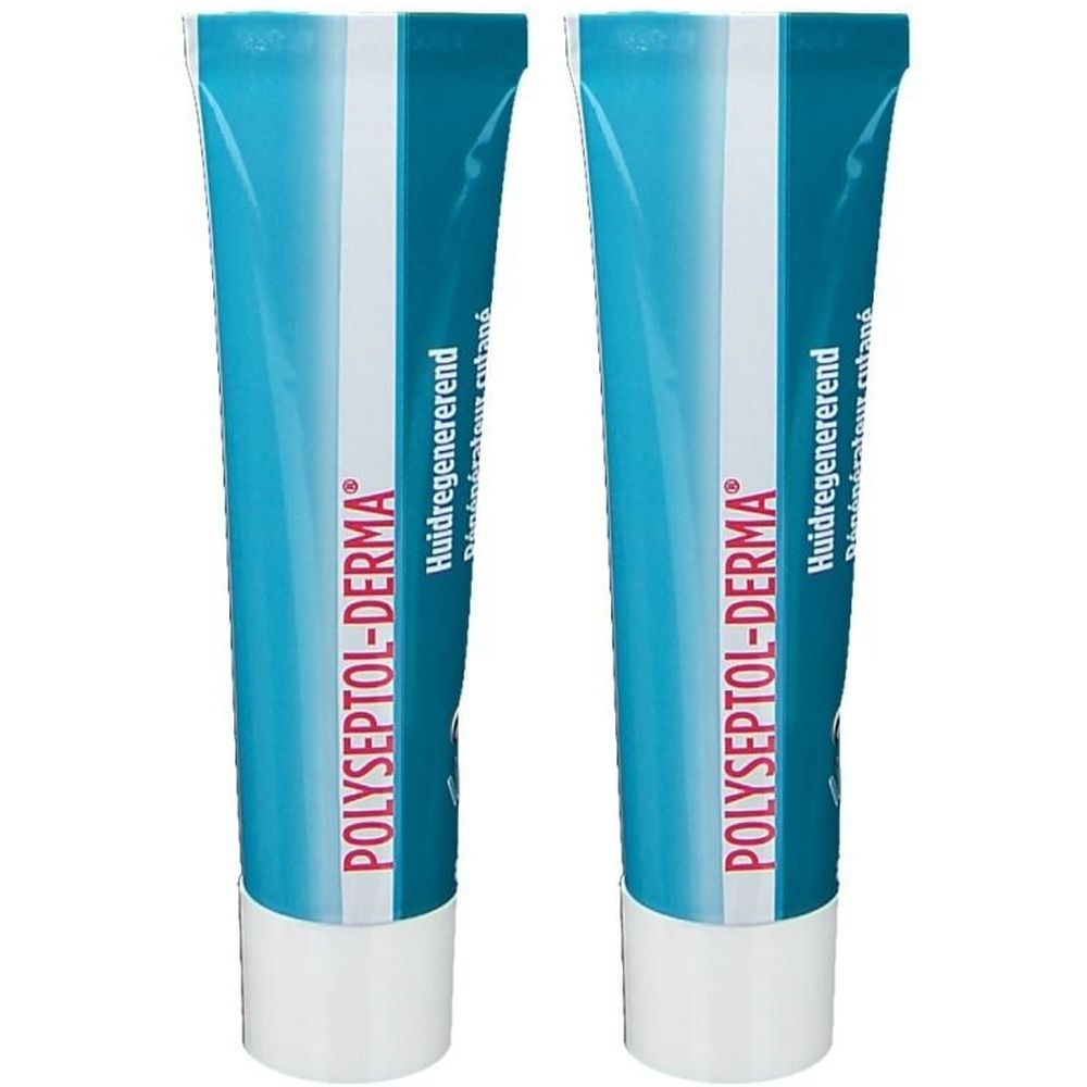 Deux tubes de Polyseptol-Derma. Tubes bleus avec bande blanche et texte. Texte en néerlandais et français.