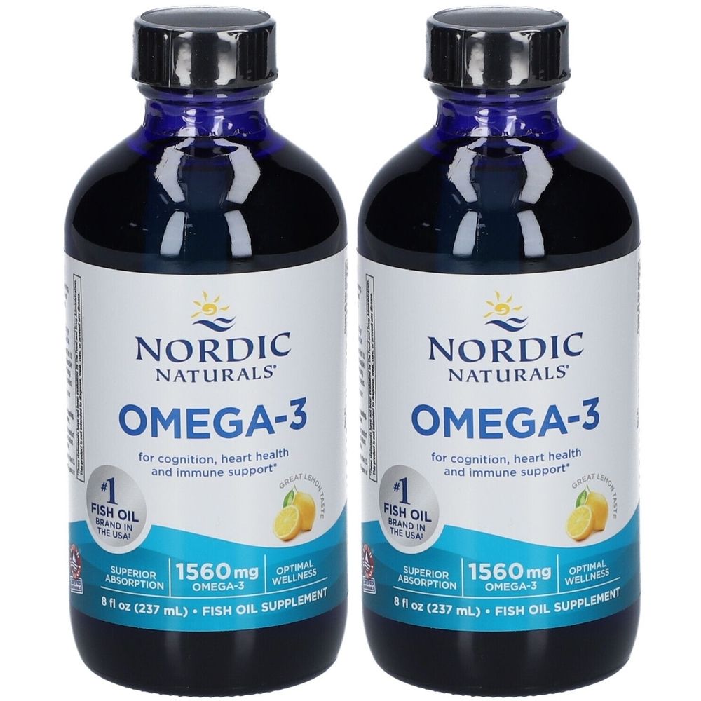 Deux flacons de complément alimentaire oméga-3. Liquide bleu dans des bouteilles en verre avec des bouchons noirs. Inscription : NORDIC NATURALS, OMEGA-3.