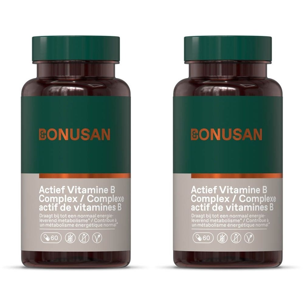Deux flacons de Bonusan Complexe actif de vitamines B. Flacons bruns, bouchons verts. Étiquettes avec texte et logo.