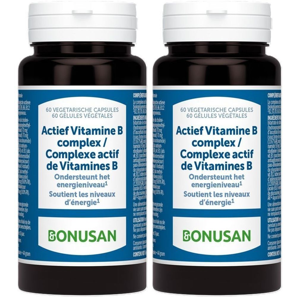 Deux flacons de Bonusan Complexe actif de vitamines B. Flacons noirs, bouchons blancs. Étiquettes bleues avec texte.