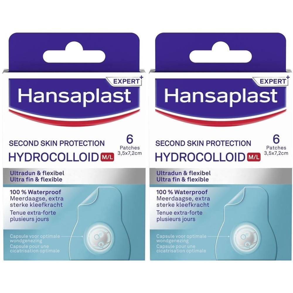 Deux boîtes de pansements Hansaplast Hydrocolloid M/L. Chaque boîte contient 6 pansements.