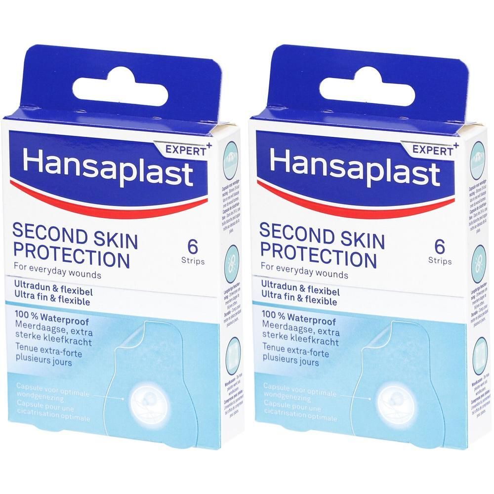 Deux boîtes de Hansaplast Second Skin Protection. Chaque boîte contient 6 pansements.