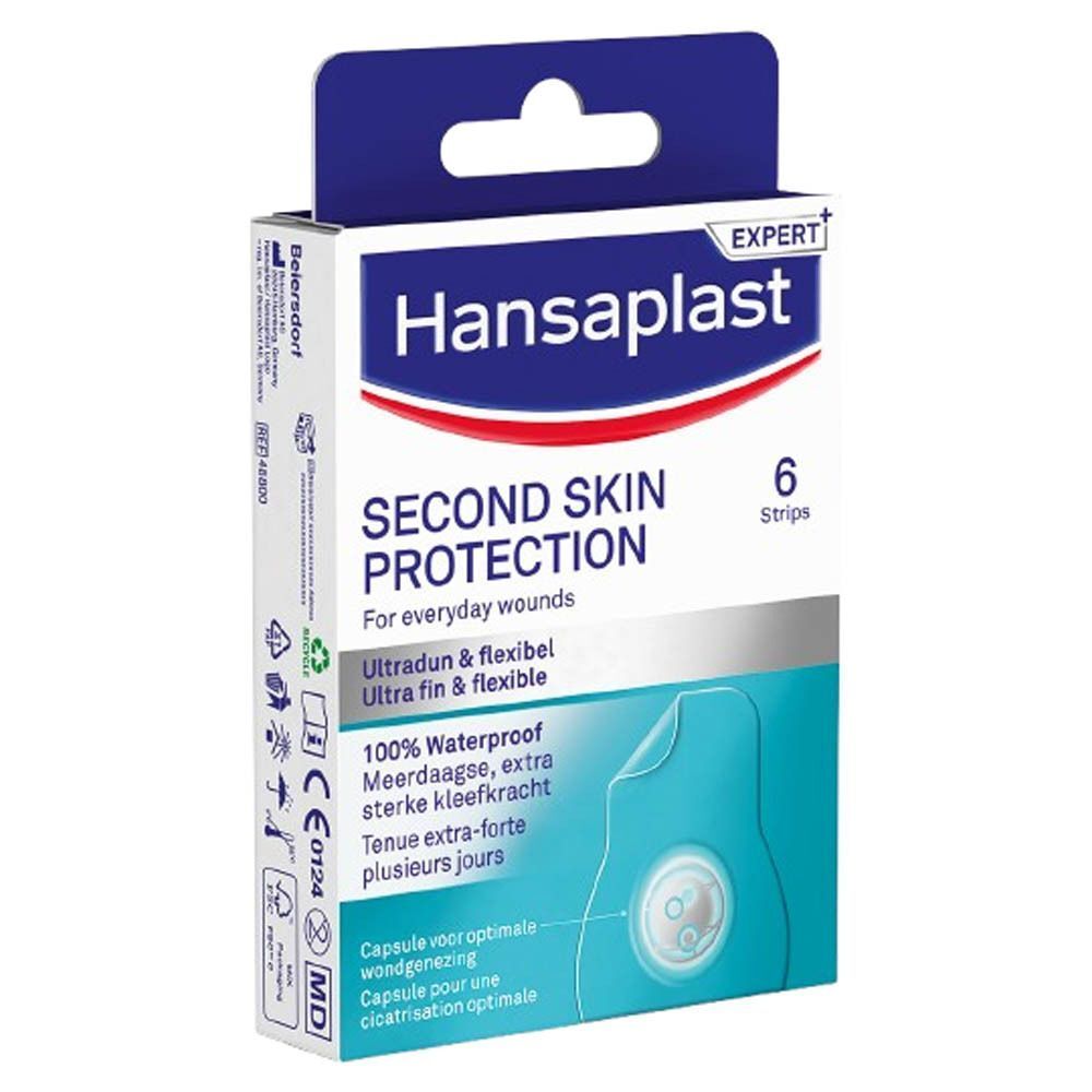 Une boîte de Hansaplast Second Skin Protection avec 6 pansements. Emballage avec informations.